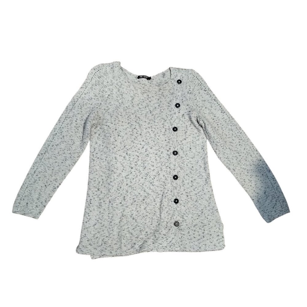 Nic + Zoe knit white grey knit blouse with button detail asymmetric front cut